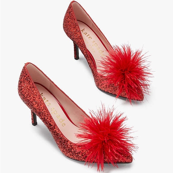 ♠️kate spade Marabou Glitter Pluff Pumps, Red NIB - Picture 2 of 6